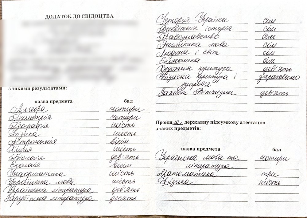 Украинский додаток до свідоцтва с оценками, личные данные скрыты