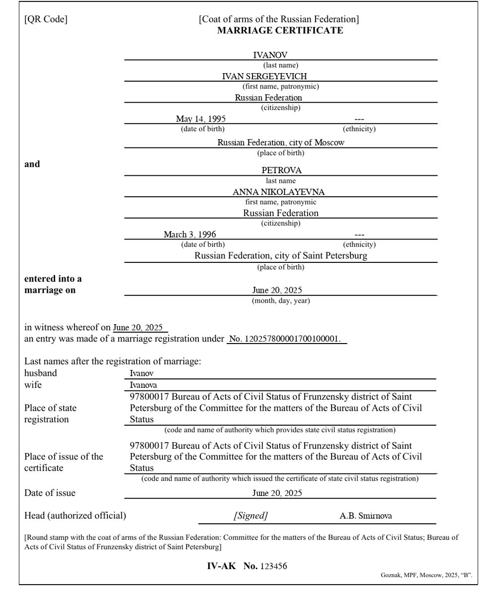 Sample English translation of a new Russian Federation marriage certificate