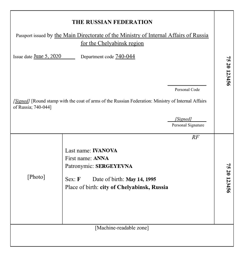 Sample English translation of the photo page of a Russian internal passport