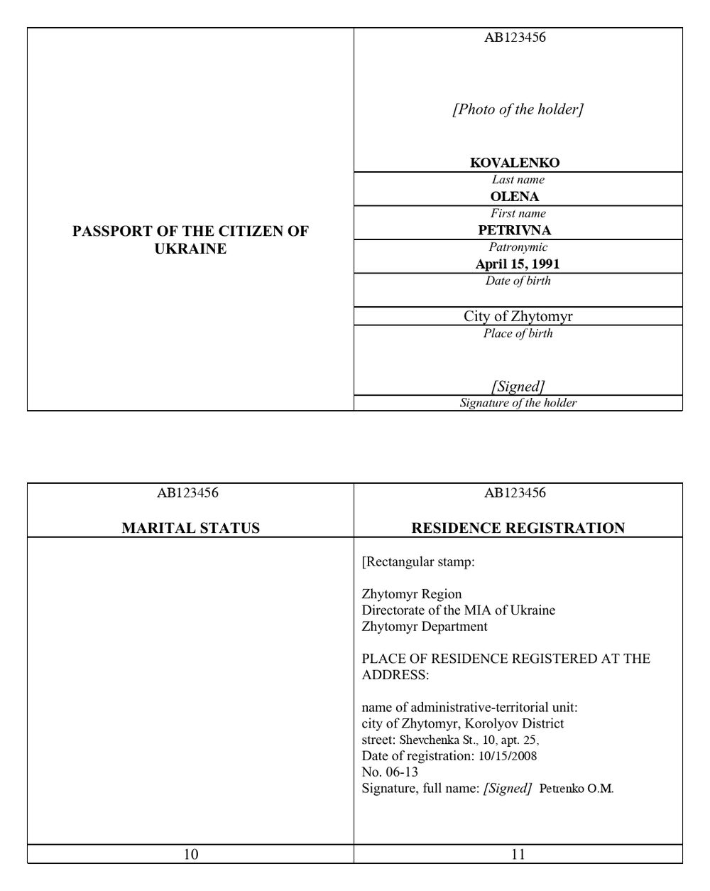 Sample English translation of a Ukrainian internal passport booklet with residence registration