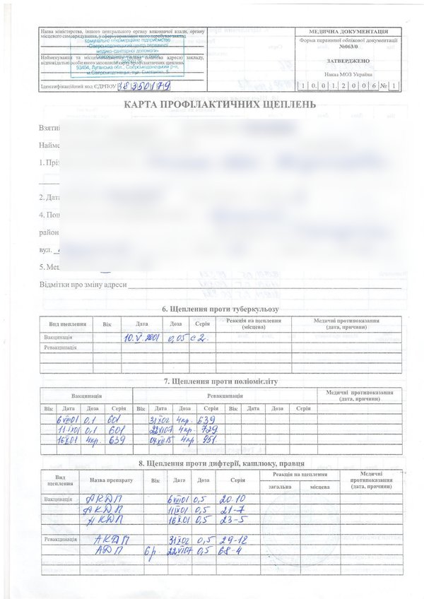 Карта профилактических прививок, Украина, форма 063/о, личные данные скрыты