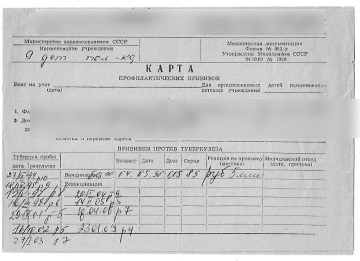 Советская карта профилактических прививок, форма 063/у, личные данные скрыты